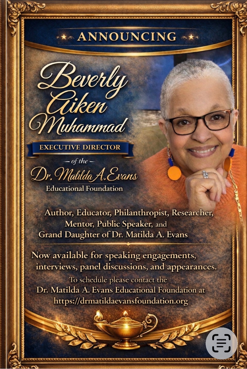 Speaking engagements flyer for Beverly Aiken Muhammad.